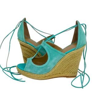 Trina Turk Sueded Leather Lace up Ankle Wrap Wedge Sandals - AQUAMARINE